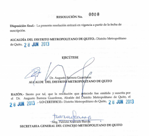 Firma de Augusto Barrera en una resolución de junio de 2013, que avala la contratación de GMQ. 